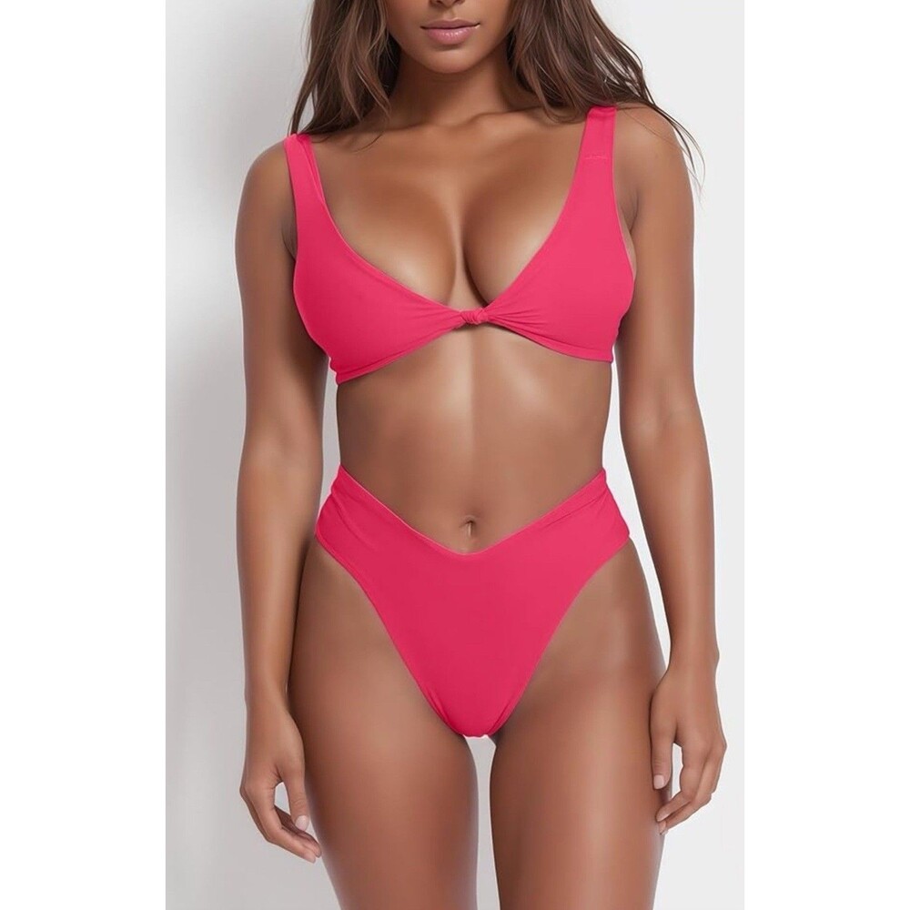 Bikini Set for Women Solid V Neck Knot Front Push Up High Leg Thong Two Piece M